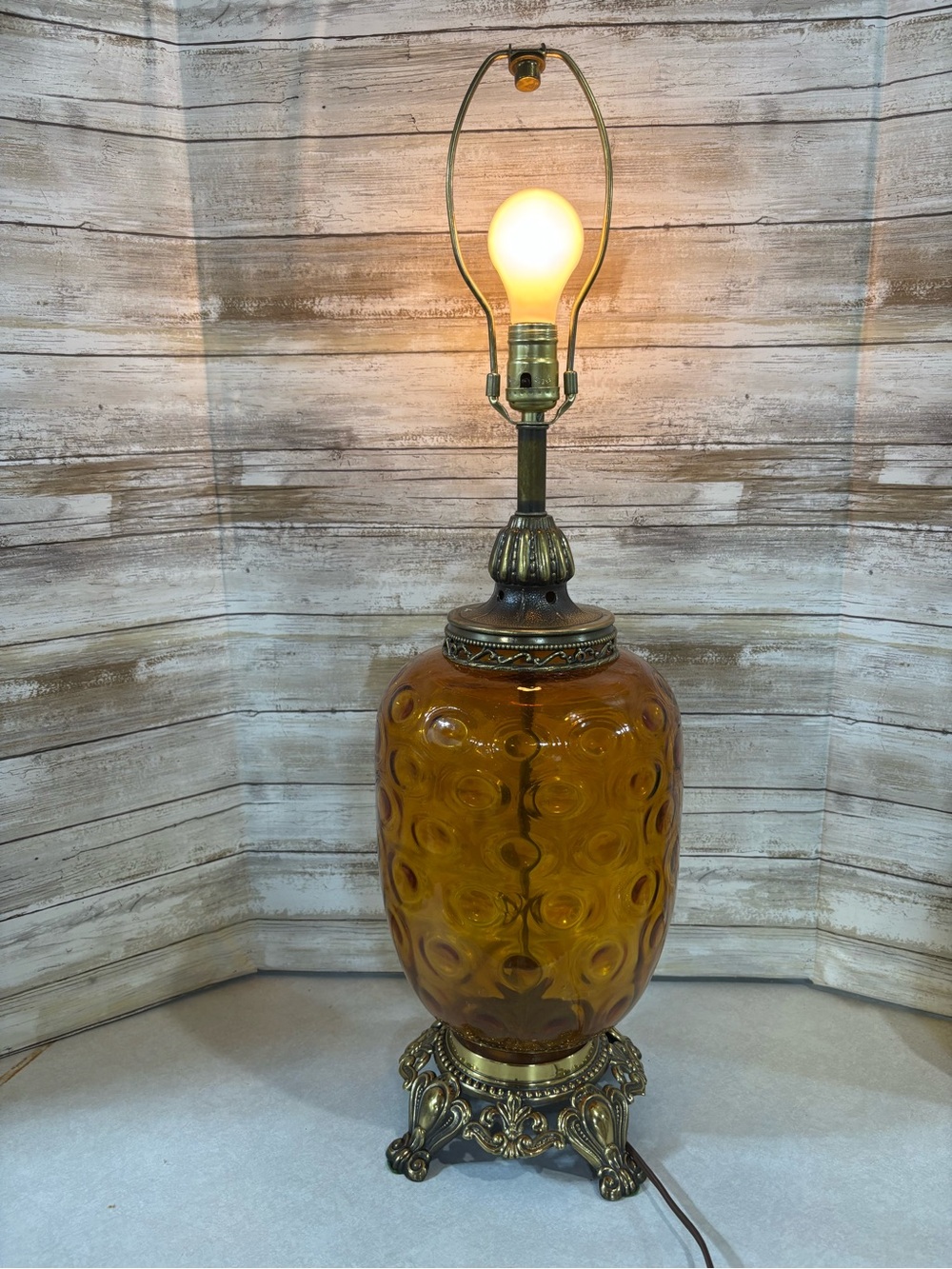 Vintage Amber Glass Table Lamp optic dot pattern
